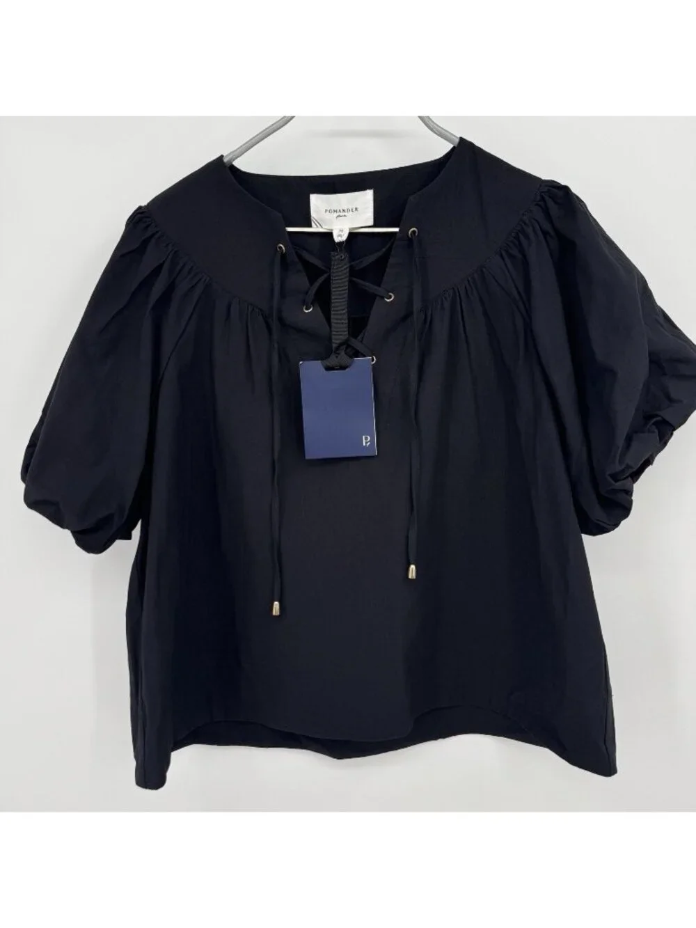 Pomander Place by Tuckernuck Black Puff Sleeve Lace-up Blouse size M Medium NWT